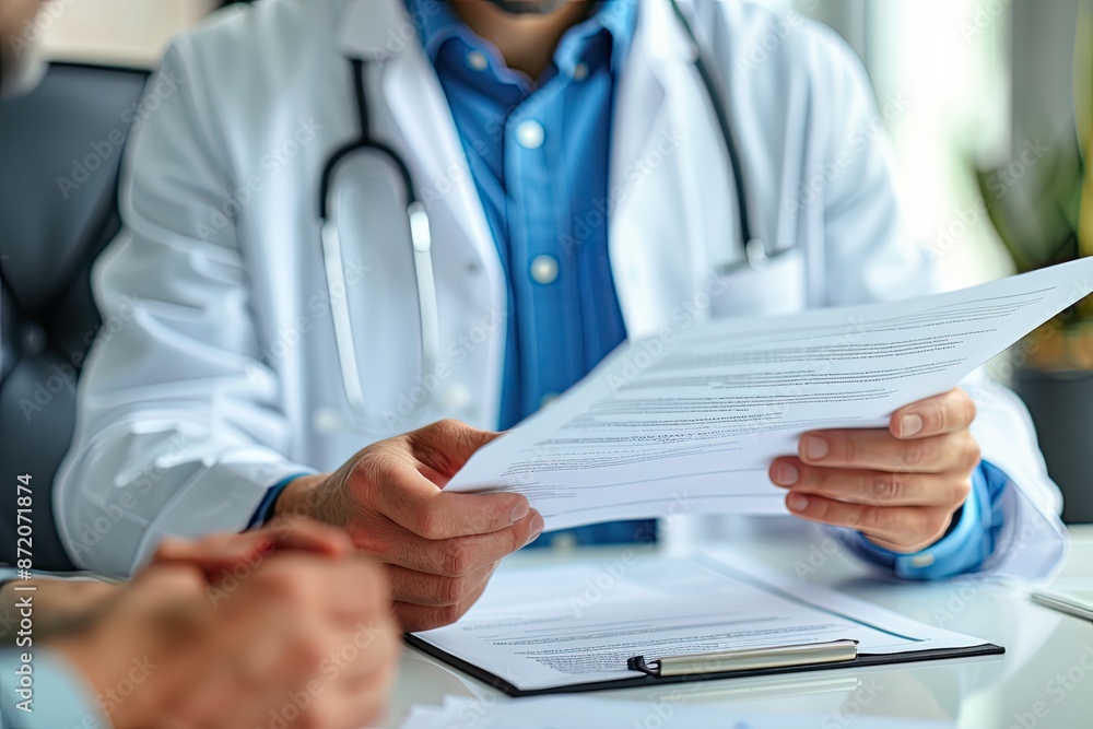 Close-up of a doctor and patient discussing and signing medical documents, emphasizing healthcare communication and patient care.. Close-up of a doctor and patient discussing and signing medical documents, emphasizing healthcare communication and patient care..