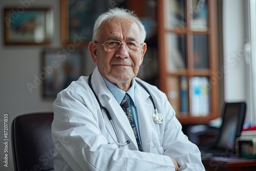 Senior doctor wearing a white coat and stethoscope, sitting at his desk in a medical office, representing healthcare and professionalism..