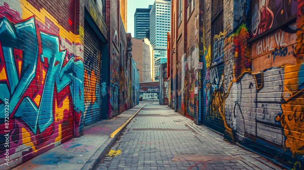 Urban landscape of a city street whose walls are covered with abstract, colorful graffiti, modern artistic drawings, graphics, and letters painted with spray paint or color, concept of vectors, design Urban landscape of a city street whose walls are covered with abstract, colorful graffiti, modern artistic drawings, graphics, and letters painted with spray paint or color, concept of vectors, design