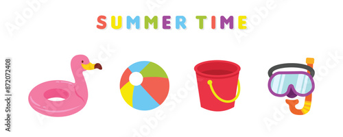 Summer and beach clip art set with cute illustrations. Flat design Illustration for ads, web, flyers, and banners. Set of cartoon icons.