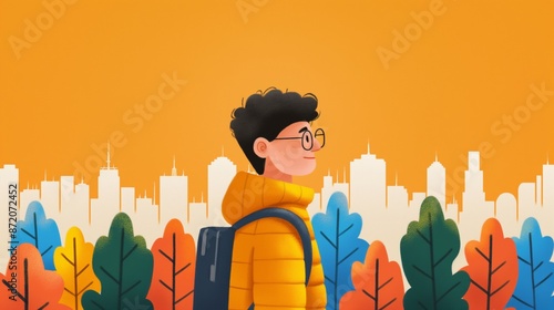 Young man with backpack walking toward city skyline cartoon illustration. photo