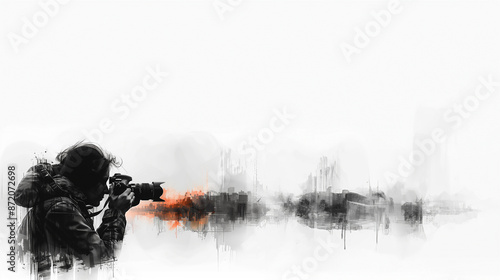 A black-and-white silhouette of a photographer holding a camera, capturing a shot in a dynamic pose