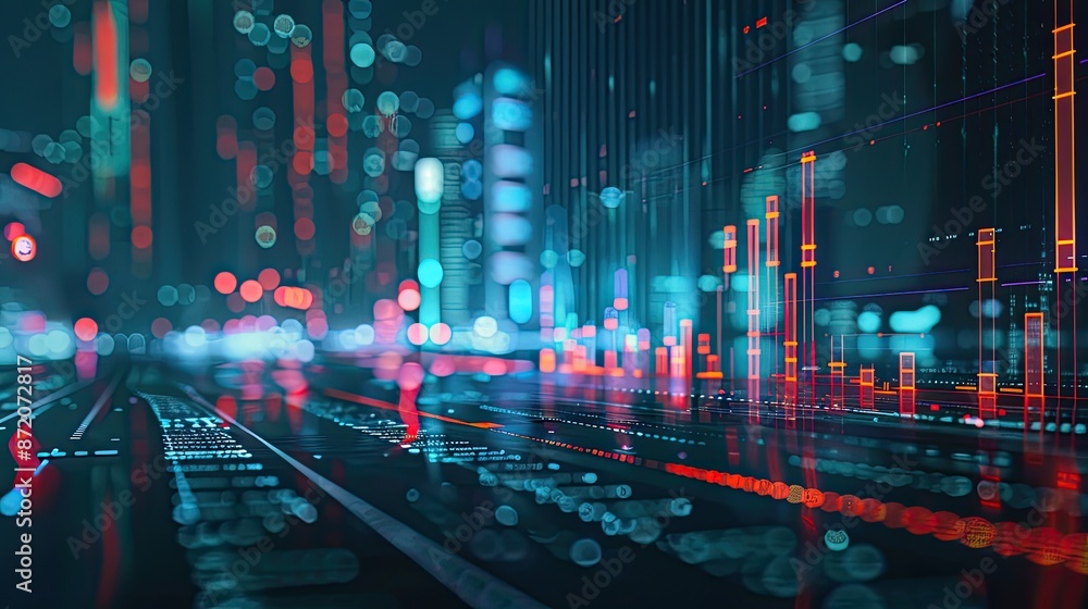 A vibrant abstract visualization of financial data and stock market analysis, featuring graphs, charts, and glowing data points in blue and orange hues.. A vibrant abstract visualization of financial data and stock market analysis, featuring graphs, charts, and glowing data points in blue and orange hues..