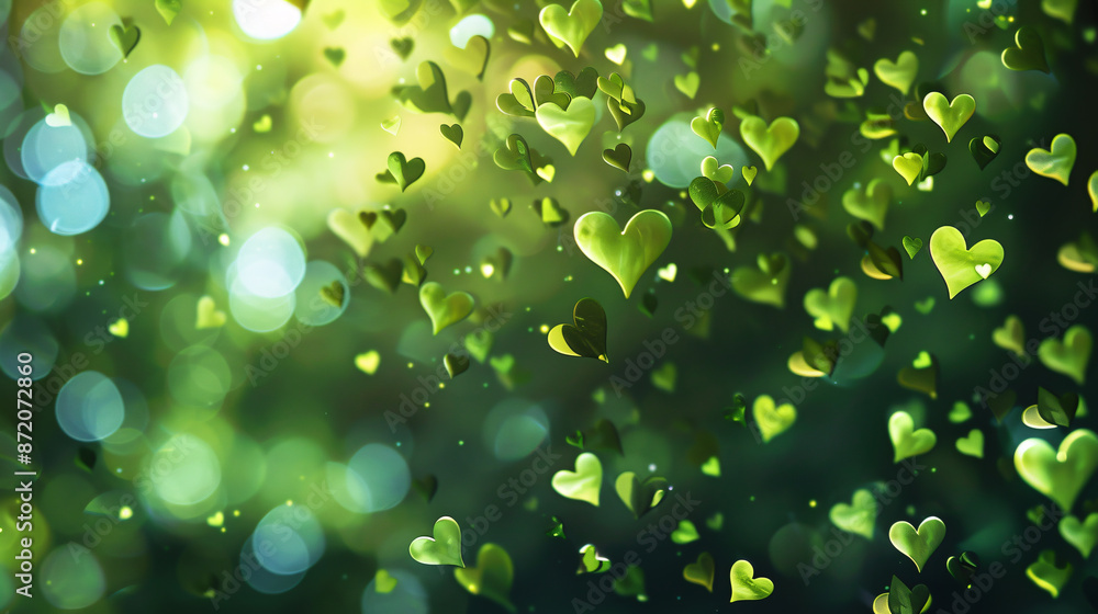 Fototapeta premium Abstract background with bokeh and green hearts.