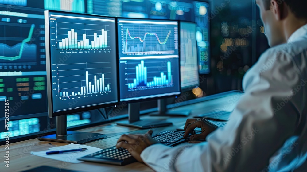 Financial analyst working late on multiple computer monitors displaying various financial charts and data analysis in a dimly lit office.. Financial analyst working late on multiple computer monitors displaying various financial charts and data analysis in a dimly lit office..