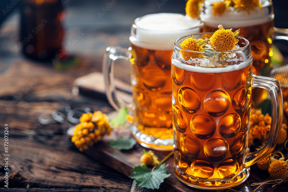 Generative ai on theme of foamy German beer in large glass mug for celebration holiday Oktoberfest Generative ai on theme of foamy German beer in large glass mug for celebration holiday Oktoberfest