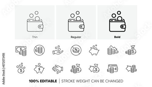 Cash money, Donation coins, Give tips icons. Coins line icons. Business income, Piggy bank, Loan. Money savings, give coin, cash tips. Investment profit, financial crisis. Line icons set. Vector