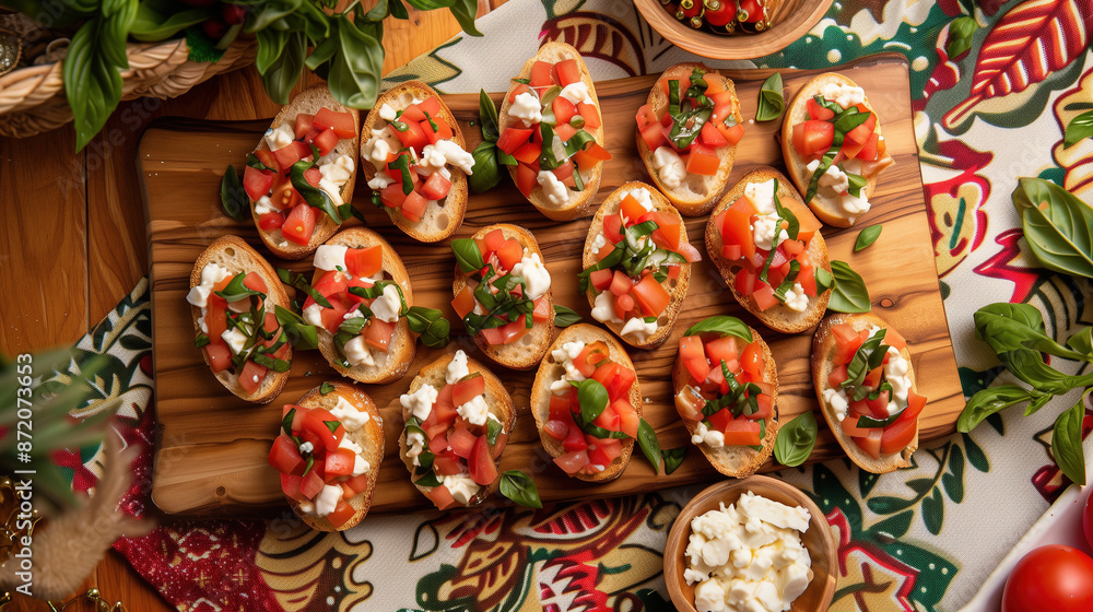 a festive platter of bite-sized bruschetta, topped with fresh tomatoes, basil, and mozzarella, arranged on a wooden board with a holiday-themed tablecloth a festive platter of bite-sized bruschetta, topped with fresh tomatoes, basil, and mozzarella, arranged on a wooden board with a holiday-themed tablecloth