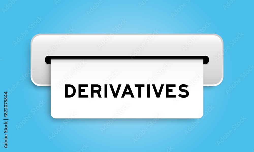 White coupon banner with word derivatives from machine on blue color background White coupon banner with word derivatives from machine on blue color background