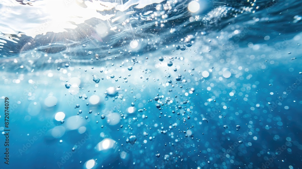 Blurry blue water surface with bubbles and splashes Abstract natural background with sunlight reflections Blurry blue water surface with bubbles and splashes Abstract natural background with sunlight reflections