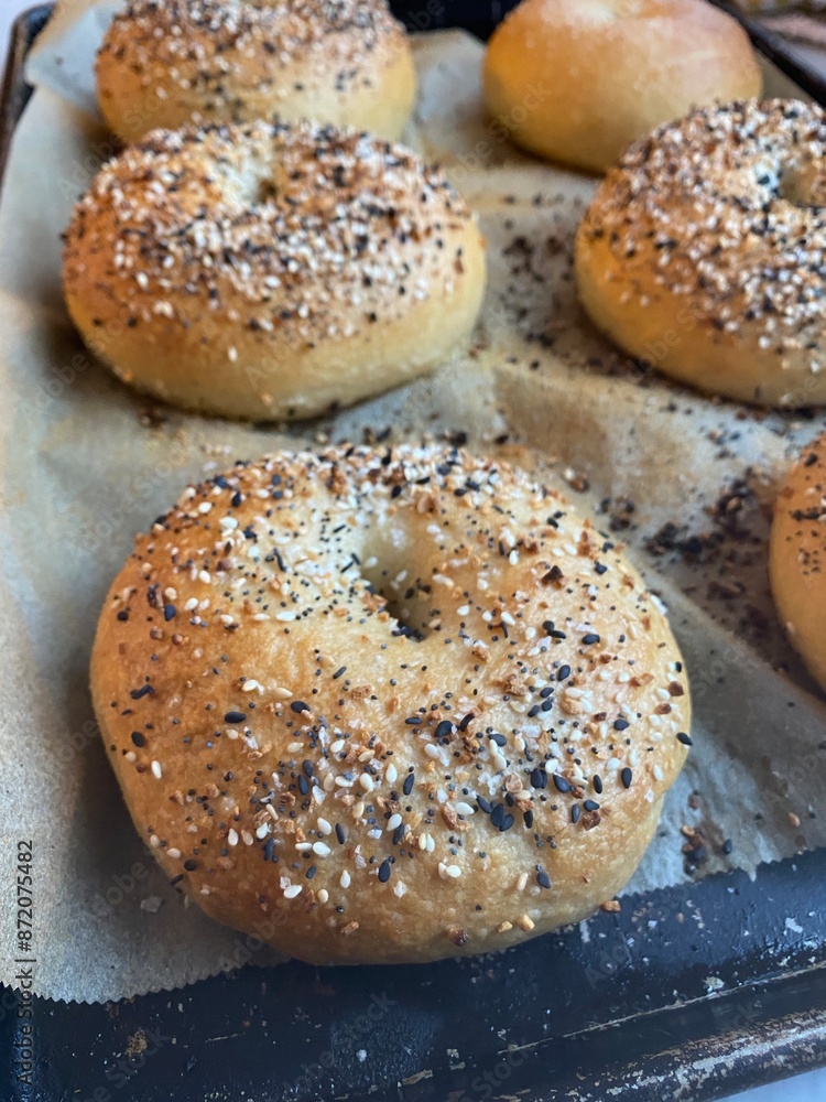 Freshly baked everything bagels on a baking tray. NY style + golden brown with a perfect blend of seeds and seasoning, these homemade delights are ideal for food, baking, and breakfast themes. Freshly baked everything bagels on a baking tray. NY style + golden brown with a perfect blend of seeds and seasoning, these homemade delights are ideal for food, baking, and breakfast themes.