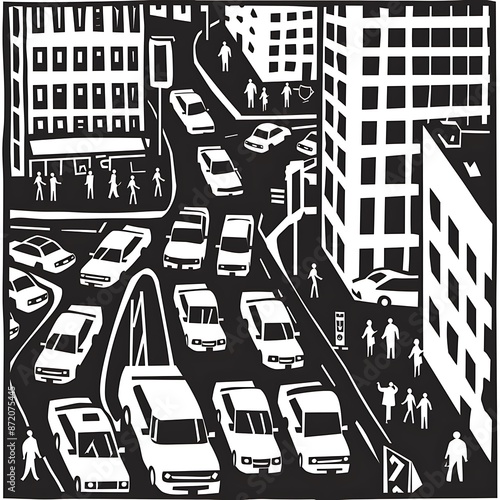 An illustration of a busy street scene, with cars, pedestrians, and buildings depicted in thick lines, a black and white color scheme, and flat design on a solid white background.