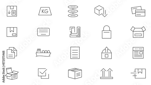 Distribution line Icons set. Logistics, distributor, exports, freight, warehouse, custom inspection, supply chain, delivery outline icon collection. UI thin outline icons pack.