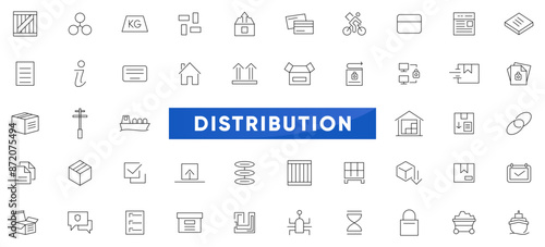 Distribution line Icons set. Logistics, distributor, exports, freight, warehouse, custom inspection, supply chain, delivery outline icon collection. UI thin outline icons pack.