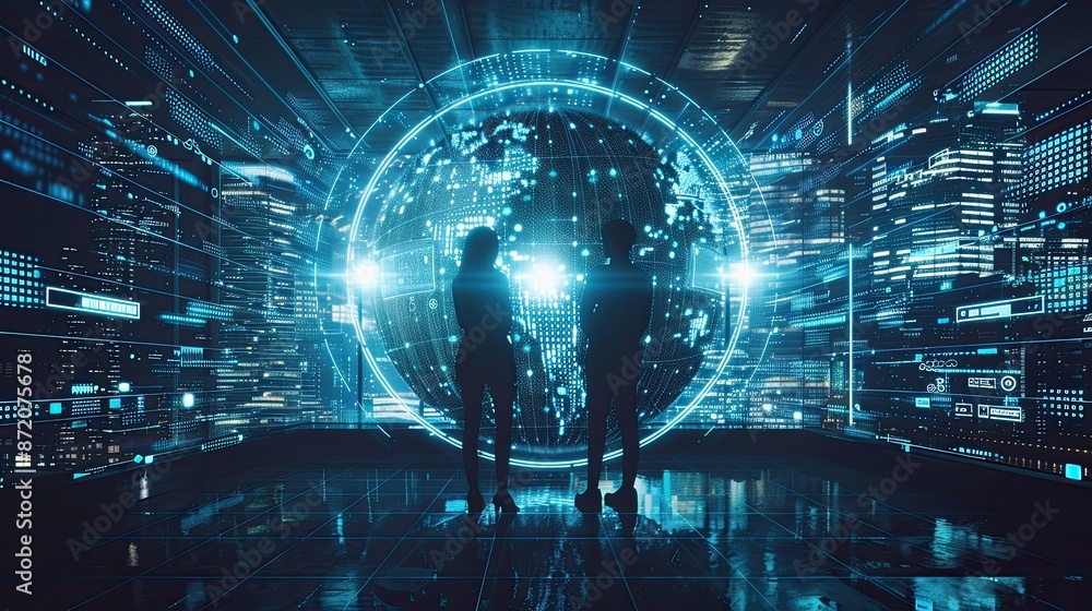 Fototapeta premium Two silhouettes stand in a high-tech city, observing a glowing digital globe, representing global connectivity and advanced technology..