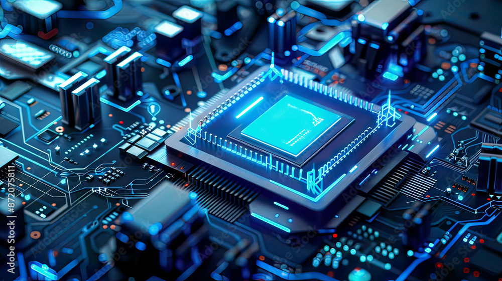 Quantum computer with blue neon microchip data exchange and collection smart new microchip concept large data processing database concept CPU isometric banner central computer processors Quantum computer with blue neon microchip data exchange and collection smart new microchip concept large data processing database concept CPU isometric banner central computer processors