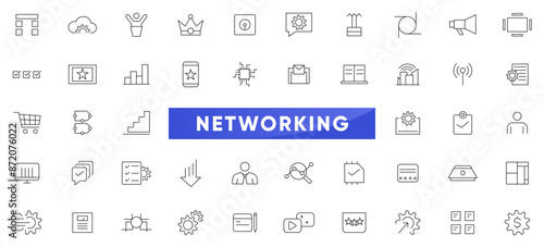 Networking digital line icon set. Business, management, configuration, monitoring system,  performance, security, digital infrastructure, machine learning outline icon collection. UI thin icon