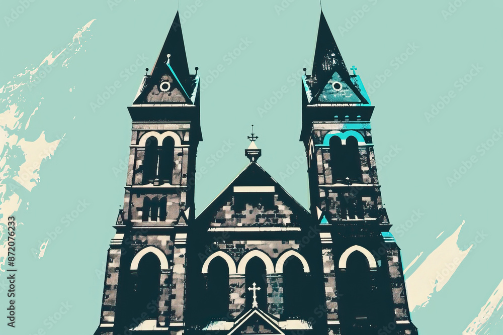 Obraz premium Risograph riso print travel poster, card, wallpaper banner illustration, modern, clear, simple of Kaiser Wilhelm Memorial Church, Berlin, Germany. Artistic, landmark printing, stencil backdrop backgro