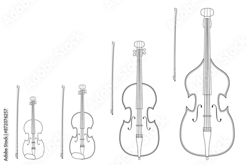 Vector illustration set of string instruments playing by bowing the strings for coloring in cartoon style isolated on white background
