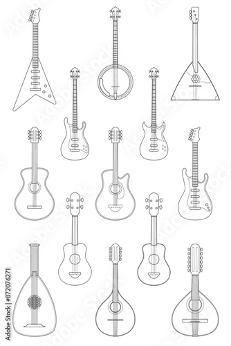 Vector illustration set of string instruments playing by plucking the strings for coloring in cartoon style isolated on white background