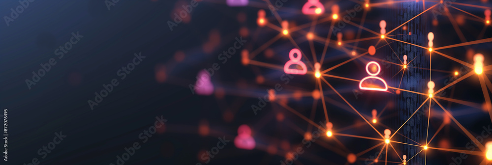 Network connecting user icons with lines and nodes glowing in the dark ...