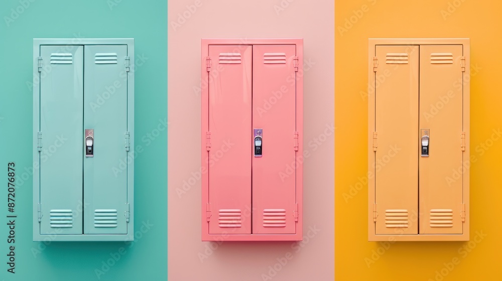 Three lockers in blue, pink, and yellow against a wall of matching colors. Three lockers in blue, pink, and yellow against a wall of matching colors.