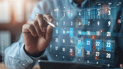 Close-up of a businessman using a futuristic digital calendar interface for scheduling and planning in a modern office setting... photo