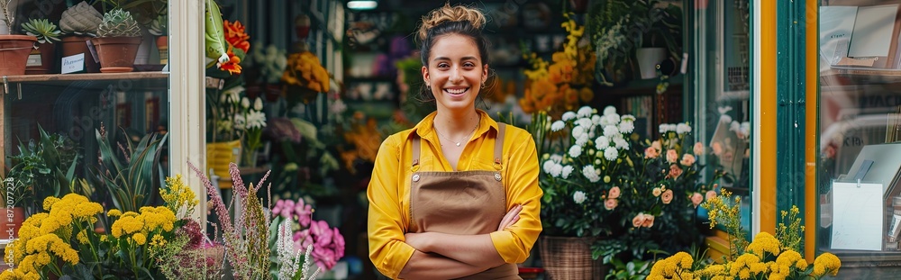 Smiling female florist standing proudly outside her flower shop, surrounded by vibrant and colorful flowers in full bloom... Smiling female florist standing proudly outside her flower shop, surrounded by vibrant and colorful flowers in full bloom...