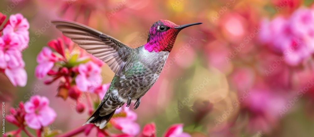 Hummingbird in Flight. Anna's Hummingbird Feeding on Pink Flowers Hummingbird in Flight. Anna's Hummingbird Feeding on Pink Flowers