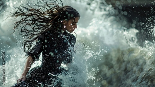 Woman in flowing dress embracing powerful ocean waves. Concepts.  nature's power, freedom, wild beauty, seascape photography