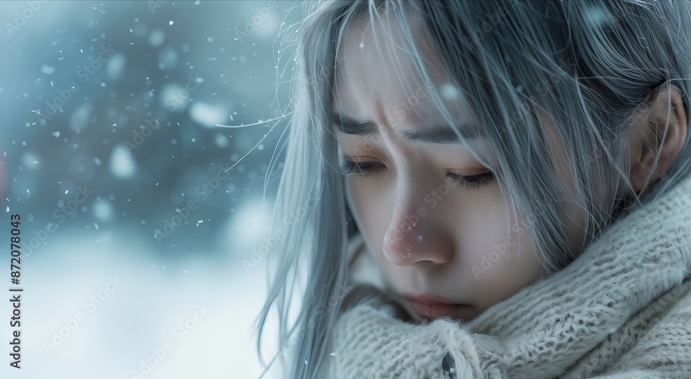 A woman in a winter coat looking sad. A woman in a winter coat looking sad.