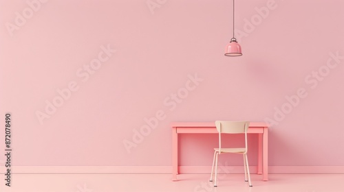 A minimalist pink room with a desk and chair against a blank wall. A single light fixture hangs above the desk.