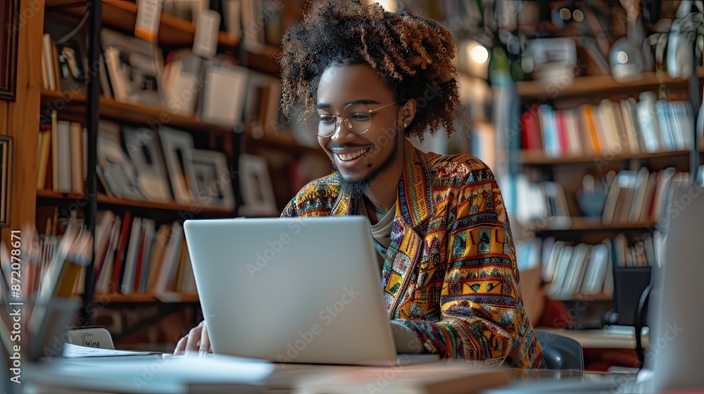 A smiling woman with glasses working on her laptop in a cozy home office, surrounded by books and warm lighting.. A smiling woman with glasses working on her laptop in a cozy home office, surrounded by books and warm lighting..