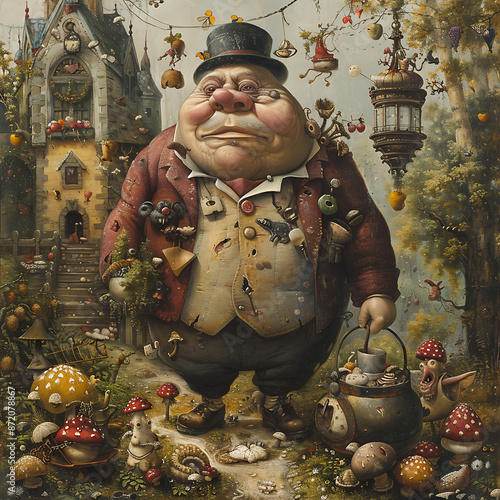 Abstract comic-style illustration featuring an overweight man, vibrant and playful, capturing exaggerated features and humorous elements 