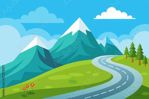 Illustration of a curvy highway on a green hill with flowers, glaciers on rocky peaks, and clouds in the blue sky