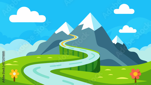 Illustration of a curvy highway on a green hill with flowers, glaciers on rocky peaks, and clouds in the blue sky