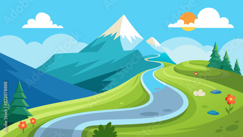 Illustration of a curvy highway on a green hill with flowers, glaciers on rocky peaks, and clouds in the blue sky