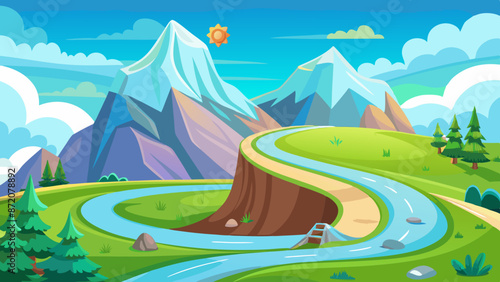 Illustration of a curvy highway on a green hill with flowers, glaciers on rocky peaks, and clouds in the blue sky