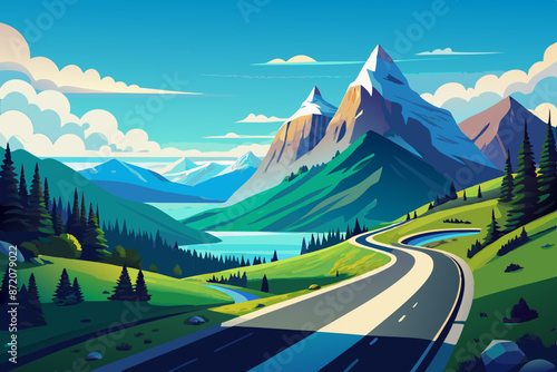 Illustration of a curvy highway on a green hill with flowers, glaciers on rocky peaks, and clouds in the blue sky