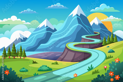 Illustration of a curvy highway on a green hill with flowers, glaciers on rocky peaks, and clouds in the blue sky