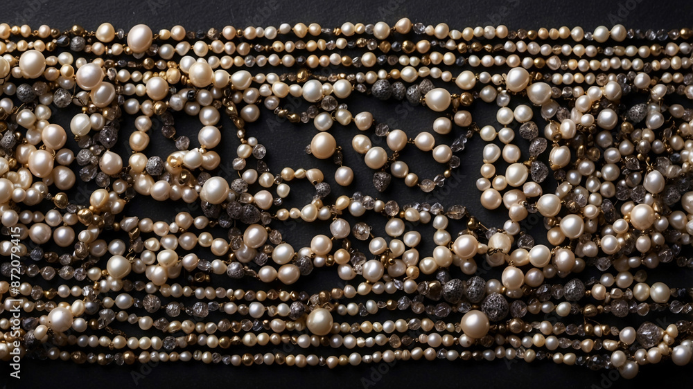 A stunning assortment of various pearl and gold beads intricately arranged on a dark background like elegant jewels. A stunning assortment of various pearl and gold beads intricately arranged on a dark background like elegant jewels.