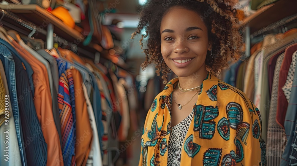 Obraz premium Young woman with curly hair smiling while browsing clothes in a colorful clothing store, surrounded by various garments..
