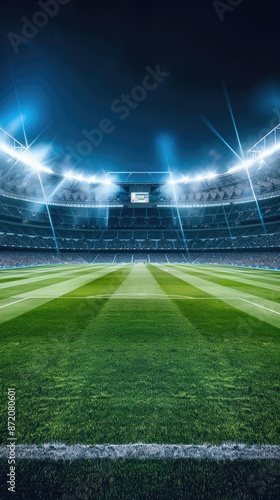 A green soccer field at night  illuminated by bright stadium lights  with the goal in the background