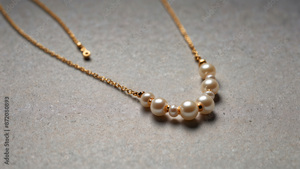 A delicate pearl necklace with gold chain links, showcasing a sophisticated and refined jewelry piece on a light surface. A delicate pearl necklace with gold chain links, showcasing a sophisticated and refined jewelry piece on a light surface.