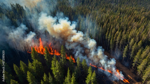 Large-scale wildfire spreading through dense forest, producing thick white smoke and high-intensity flames. photo