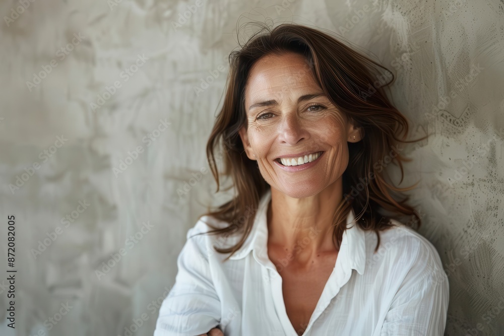 confident middleaged woman with radiant smile casual white shirt against textured plaster wall natural lighting emphasizing warm skin tones and genuine expression