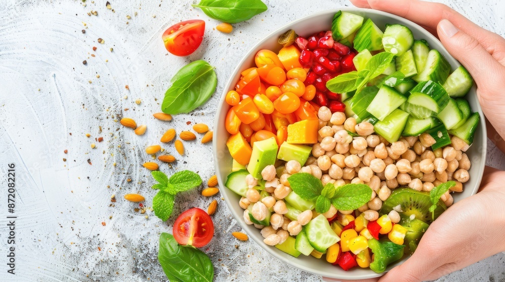 A colorful and nutritious salad bowl filled with fresh vegetables, chickpeas, and herbs, offering a delicious and healthy meal option.. A colorful and nutritious salad bowl filled with fresh vegetables, chickpeas, and herbs, offering a delicious and healthy meal option..
