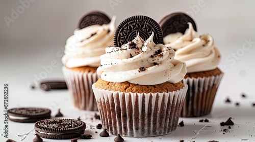 Delicious cookies and cream cupcakes topped with creamy frosting and an Oreo cookie, perfect for dessert lovers.. photo