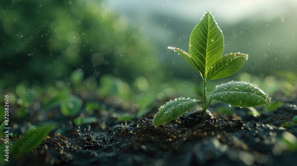 Close-up of a young plant sprouting from the soil, covered in raindrops, symbolizing growth and nature's resilience in a lush environment.. Close-up of a young plant sprouting from the soil, covered in raindrops, symbolizing growth and nature's resilience in a lush environment..