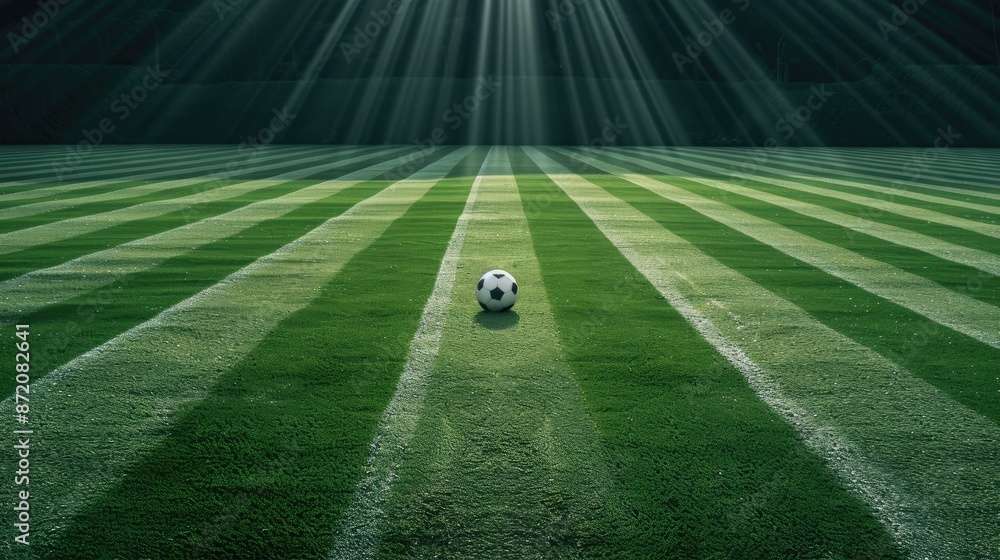 Obraz premium A soccer ball sits on a green grass field, with white lines marking the pitch and a goal visible in the distance